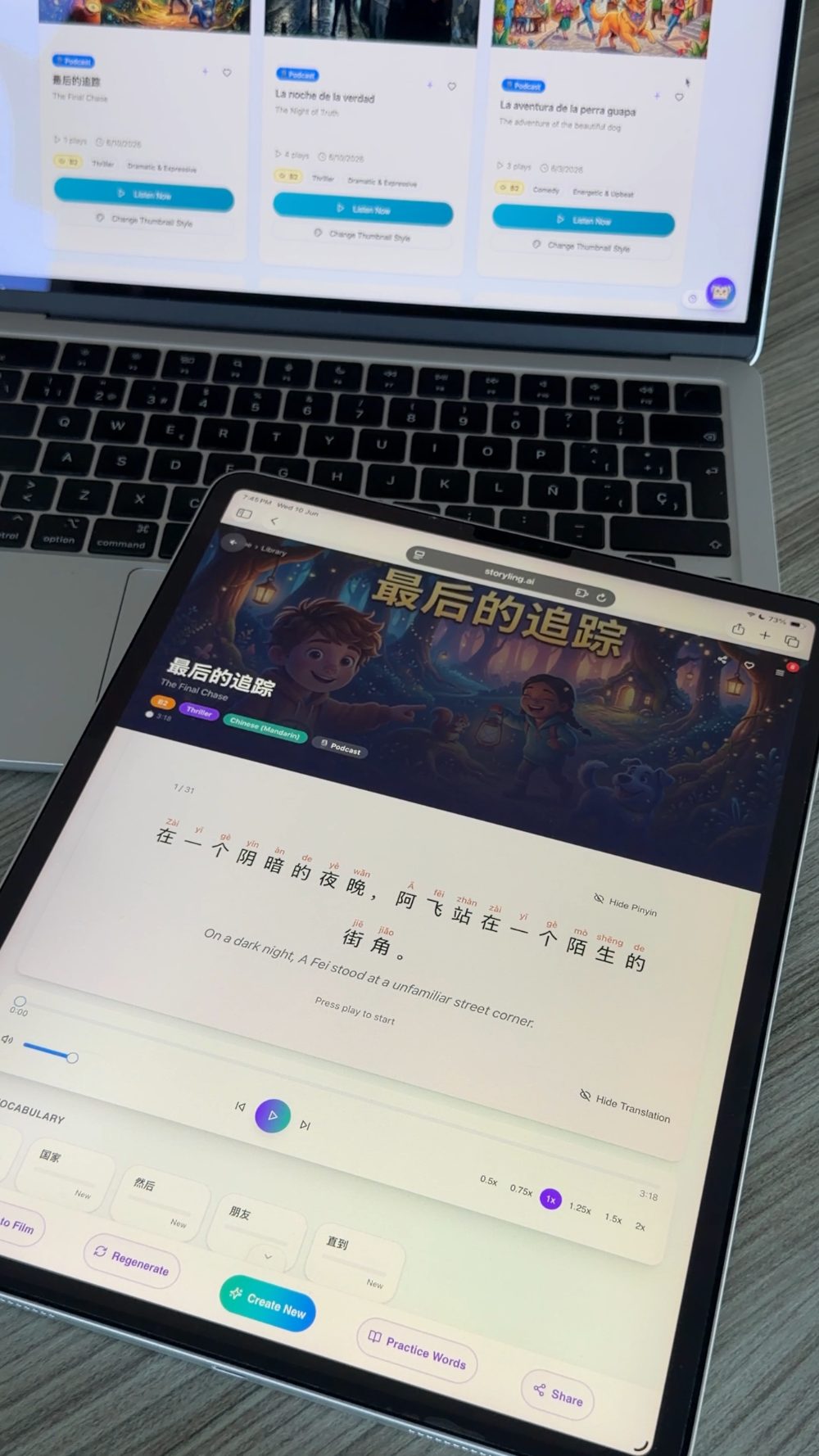 A Storyling audio story with illustration, Chinese text, pinyin and English translation